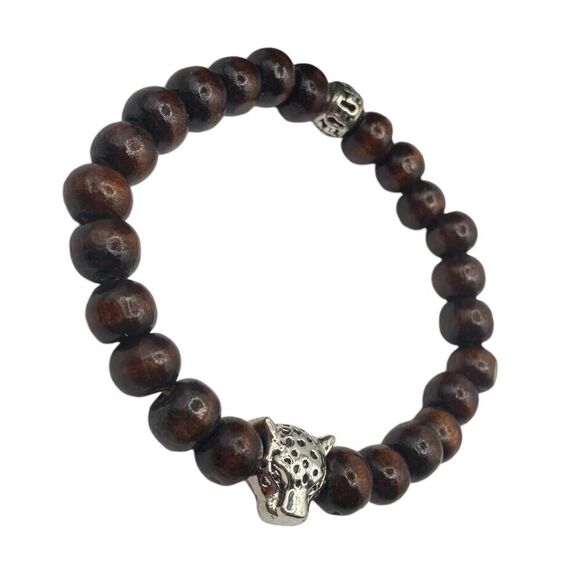 Leopard charm wooden bead stretch bracelet - Picture 4 of 5